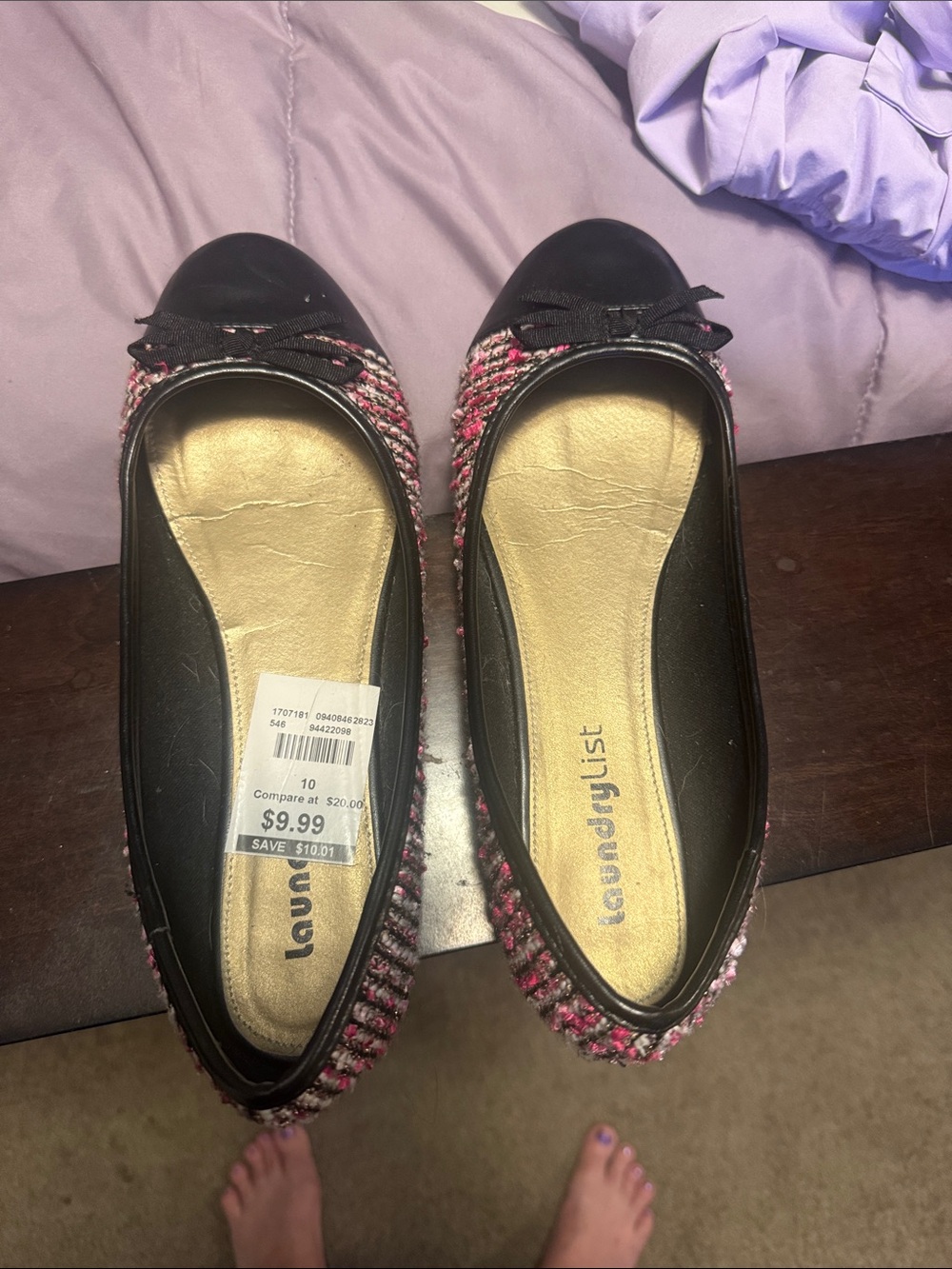 Laundry By Shelli Segal Pink Tweed Ballet Flats with Black Cap Toe
